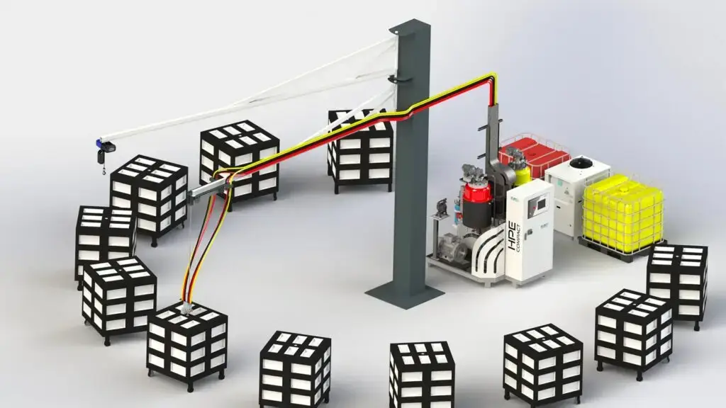Render di progetto per impianto speciale con macchina schiumatrice Europoliuretani